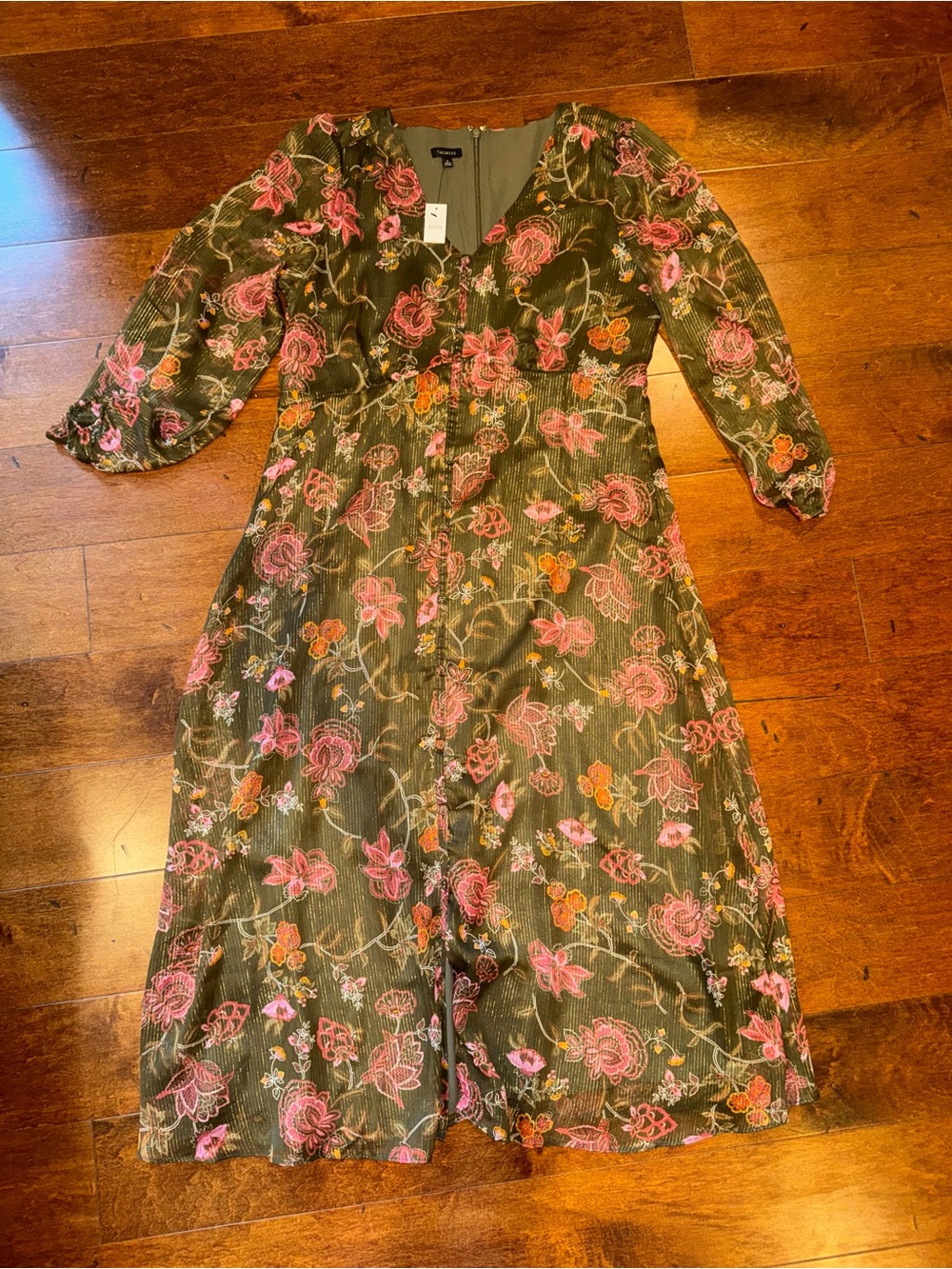 NWT Talbots Olive Floral V-Neck Dress with Pink & Orange Blooms